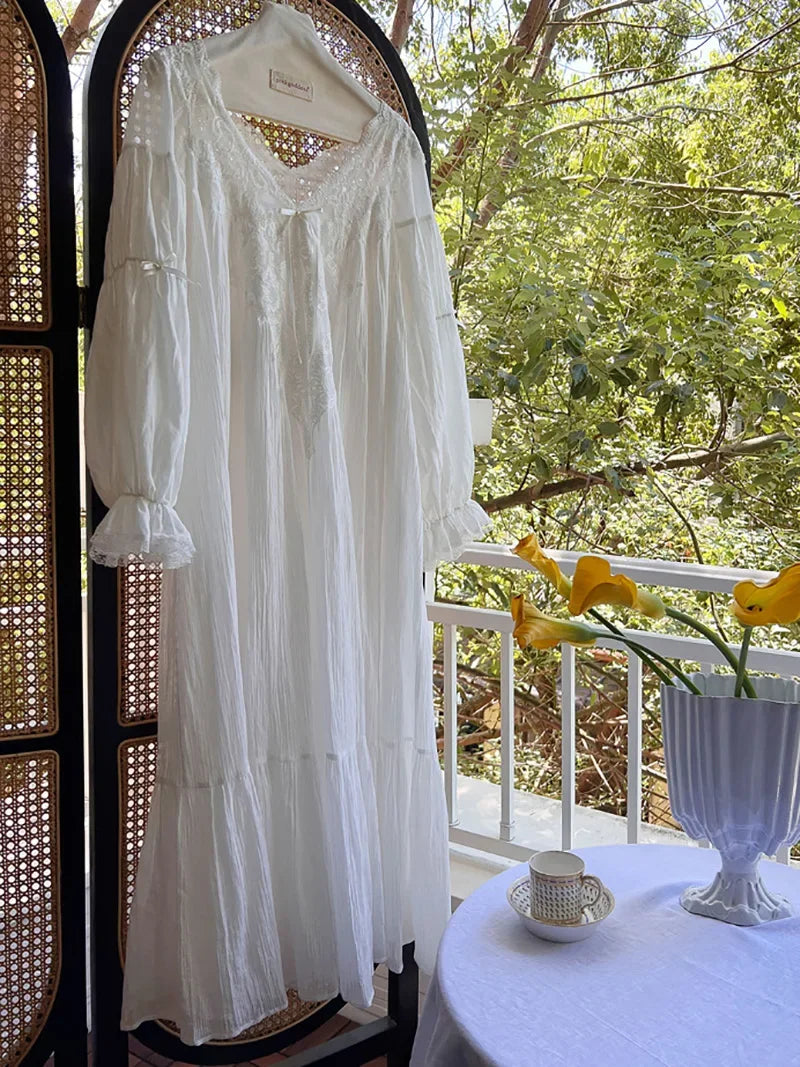 Women Lace Cotton V-Neck Ruffles Vintage Nightgowns Robe Long Fairy Victorian Romantic Princess Sleepwear Nightdress Homewear