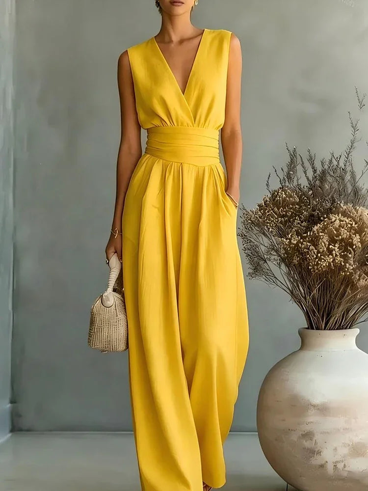 Elegant Linen V-Neck Jumpsuit