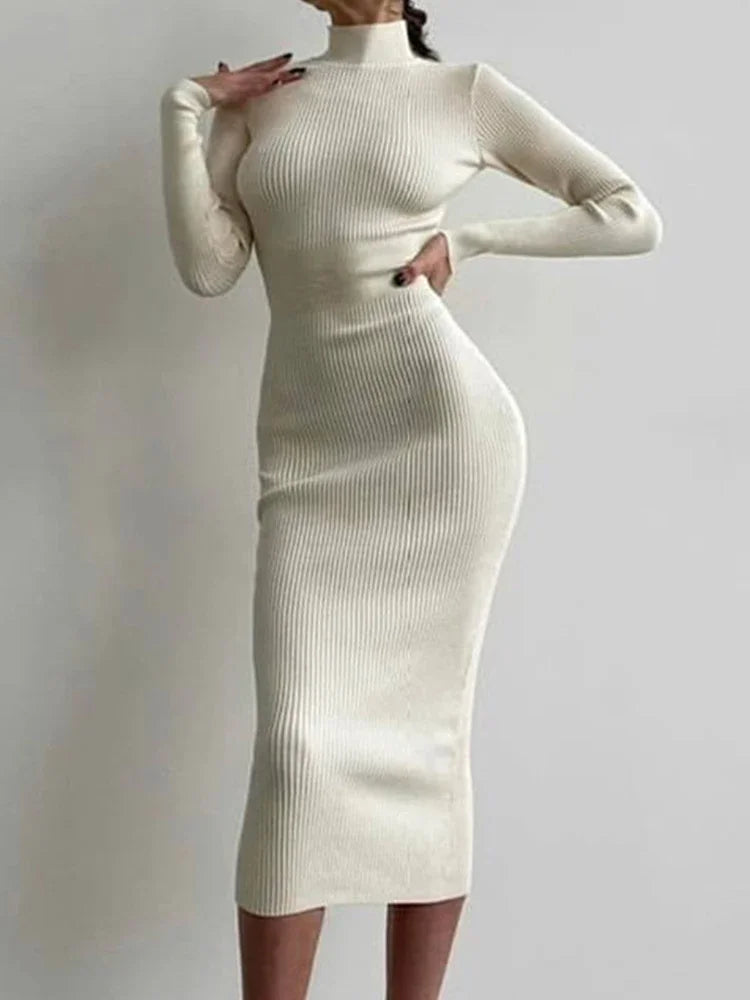 White Turtleneck Knit Dress