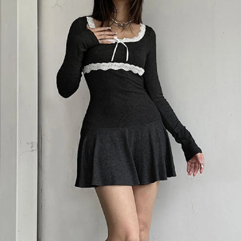 Sexy Mini Dress Women Autumn Streetwear Black Long Sleeves Lace Patchwork Fashion A-LINE Dress Club Elegant Party Solid Dresses