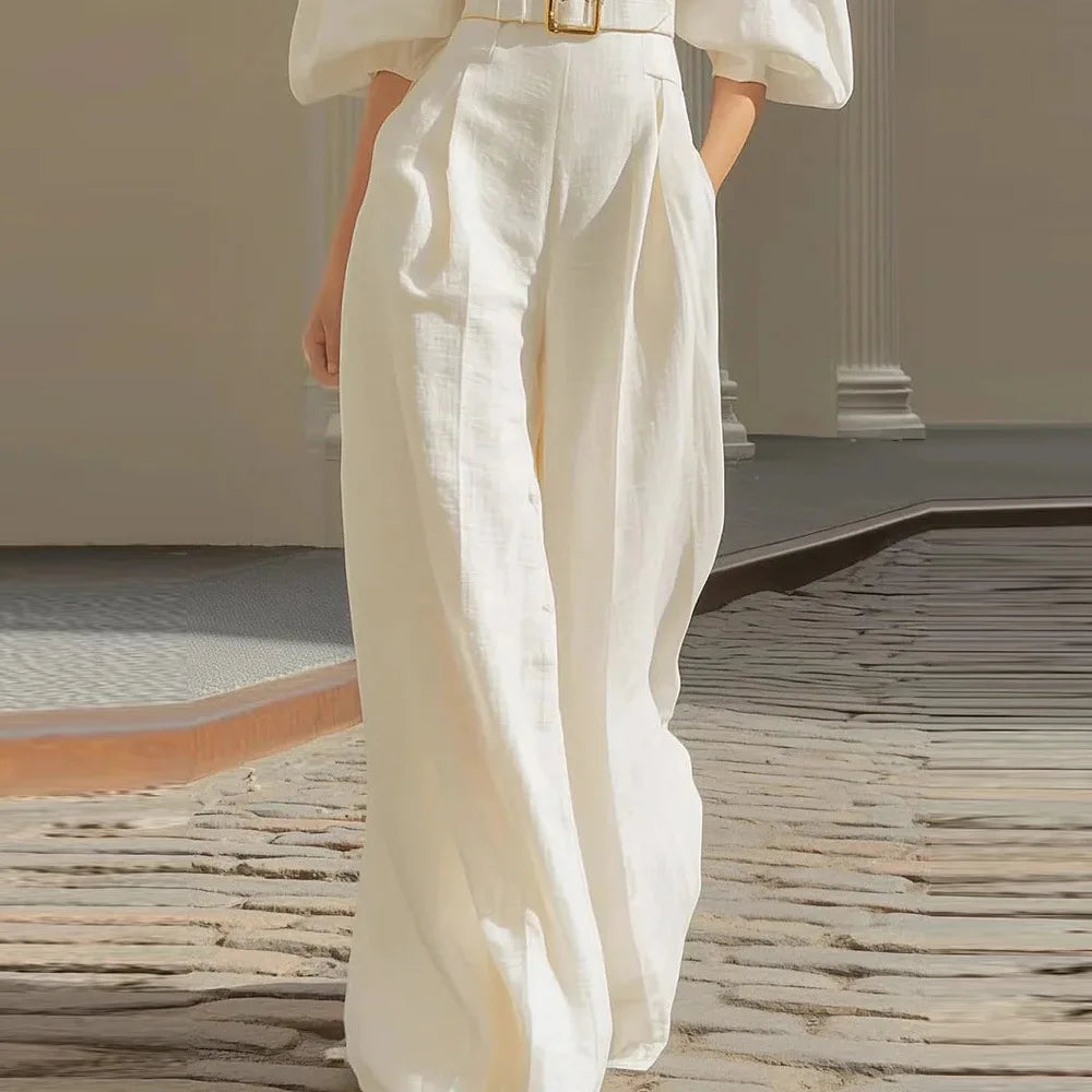 Elegant Puff Sleeve Belt Free Jumpsuit