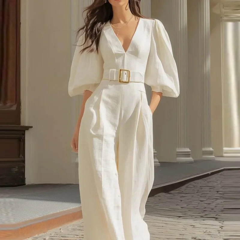 Elegant Puff Sleeve Belt Free Jumpsuit