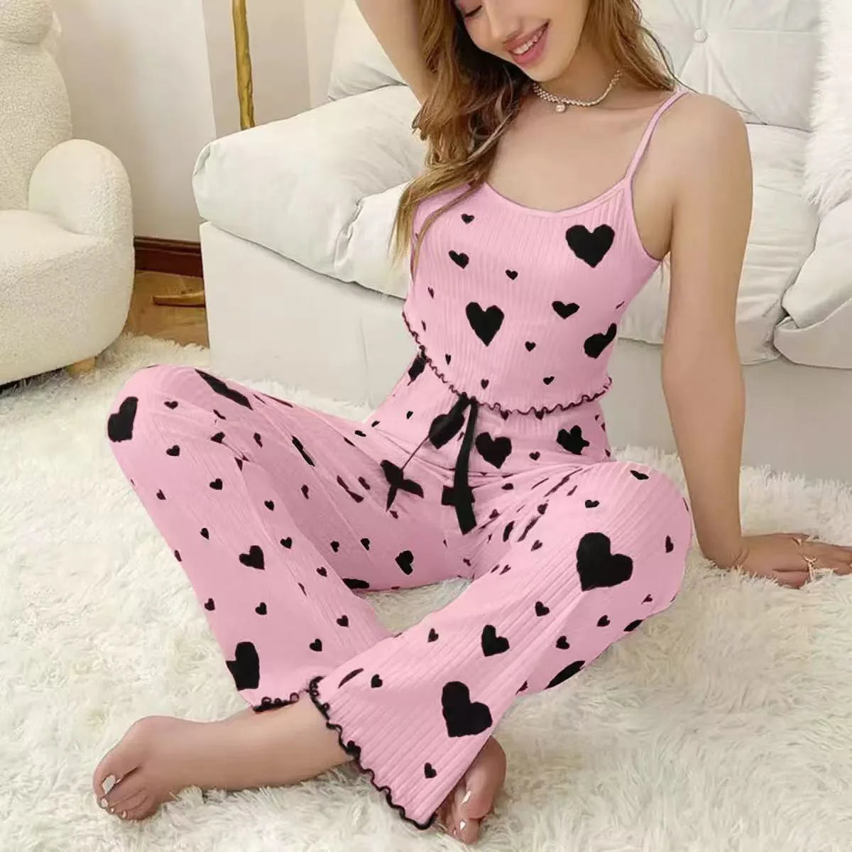 Heart Ribbed Cami & Pants Set