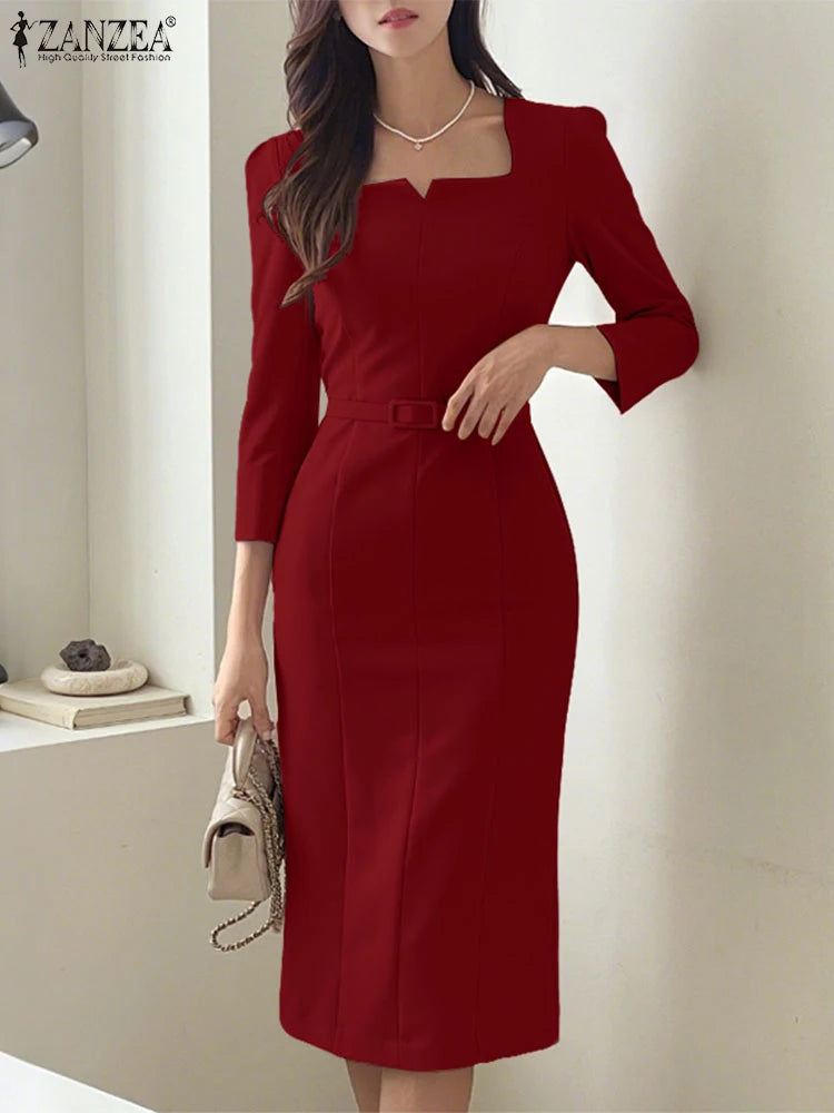 Square Collar Belted Shirt Dress