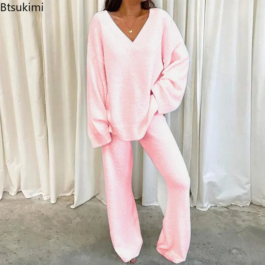 Solid V Neck Pajama Set