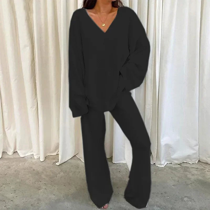 Solid V Neck Pajama Set
