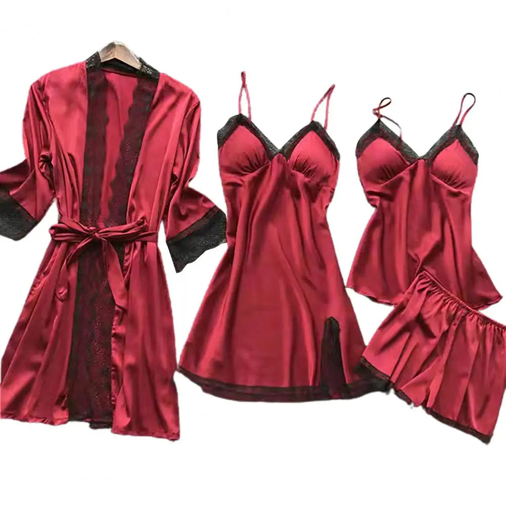 Satin & Lace Pajama Set - 4 Piece