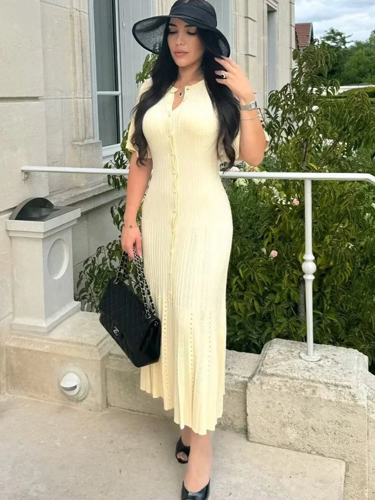 Elegant Knitted Dress Women Casual O Neck Solid Short Sleeved Button High Waist Split Dresses New Female Fashion