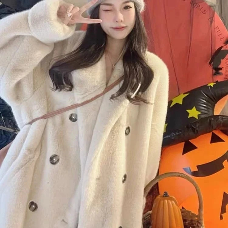 Double-Breasted Faux Rabbit Fur Coat
