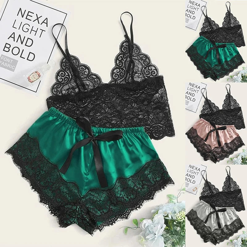 Lace Pajama Top & Shorts Set