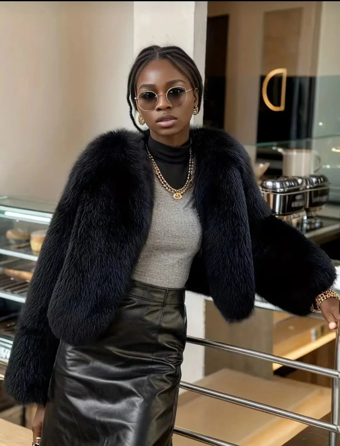 Black Faux Fox Fur Jacket
