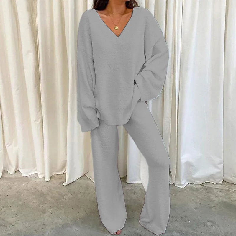 Solid V Neck Pajama Set