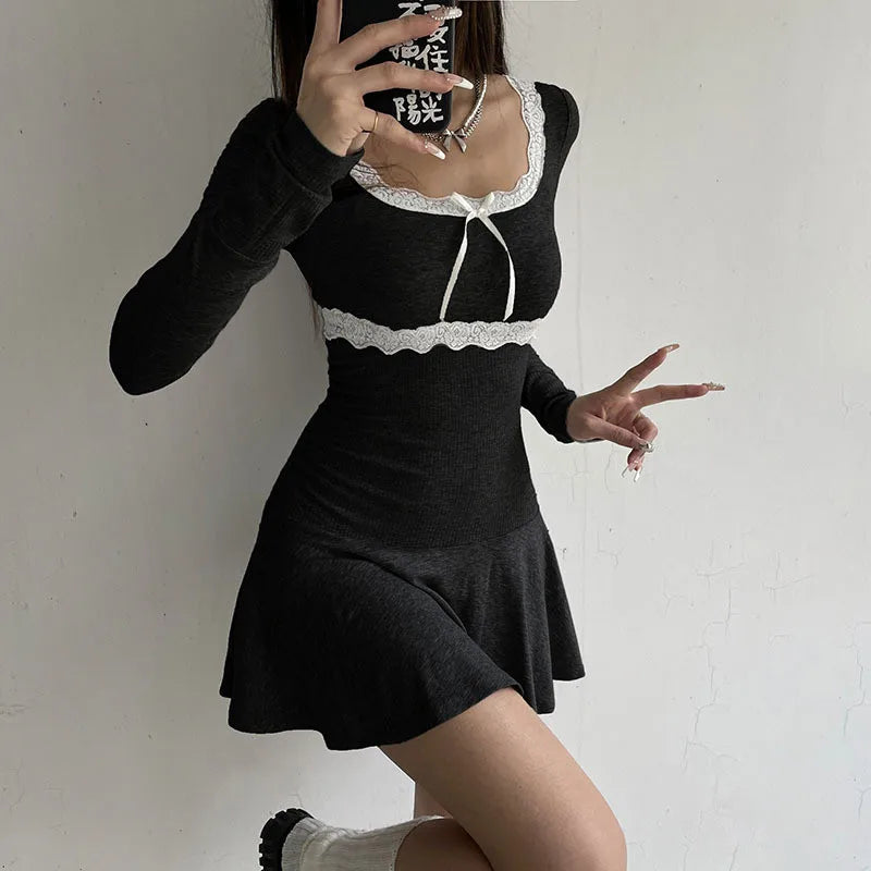 Sexy Mini Dress Women Autumn Streetwear Black Long Sleeves Lace Patchwork Fashion A-LINE Dress Club Elegant Party Solid Dresses