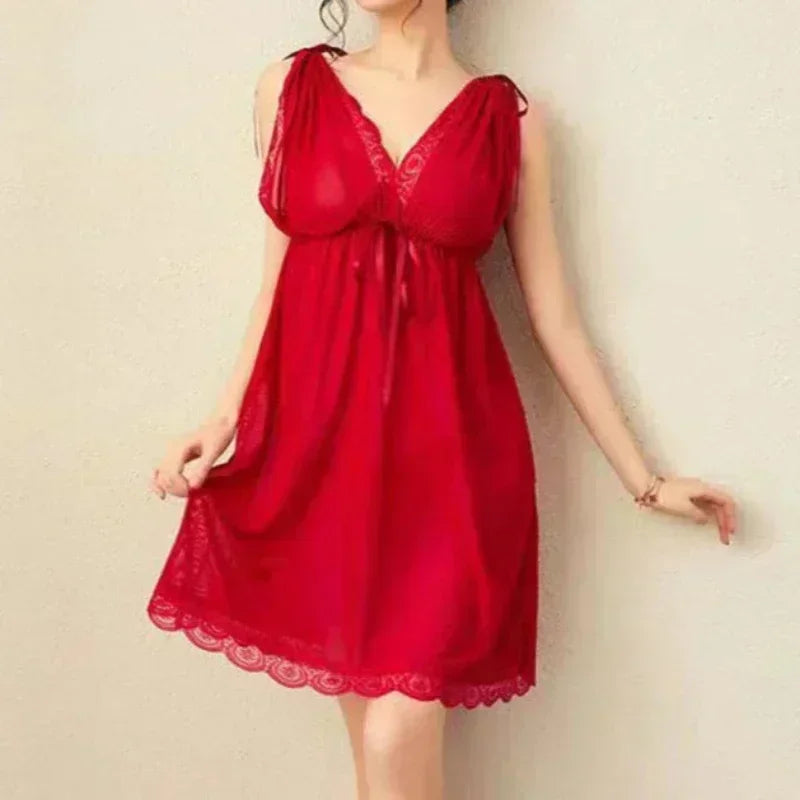 Deep V Slip Nightdress Lace Hot Seductive Sex Pajamas Women Big Chest Mm Nightdress  Summer Dress