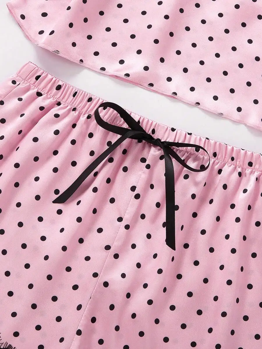 2PCS Pajama Suit Women Fashion V-Neck Stretch Satin Lace Sexy Lingerie Bowknot Pyjamas Shorts Set Pink and round dot Sleepwear