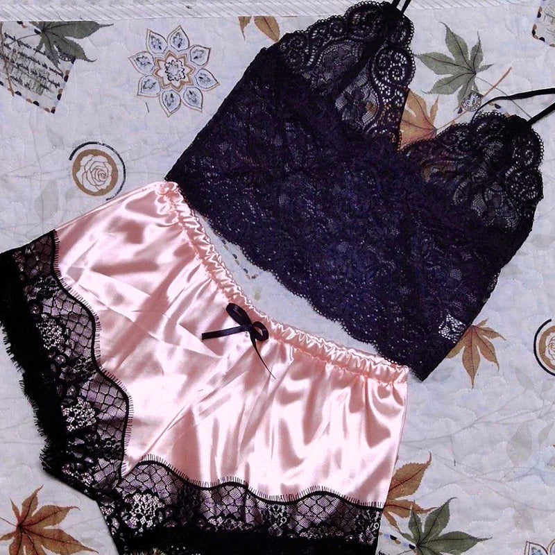 Lace Pajama Top & Shorts Set