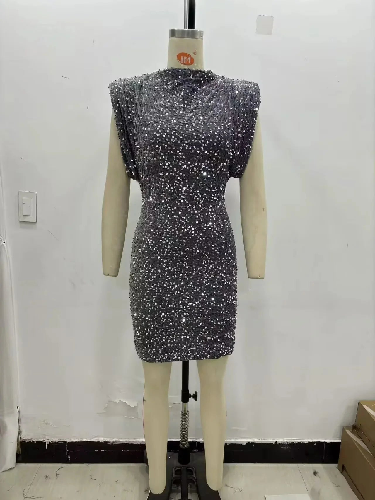 Sequined Shoulder Pad Mini Dress
