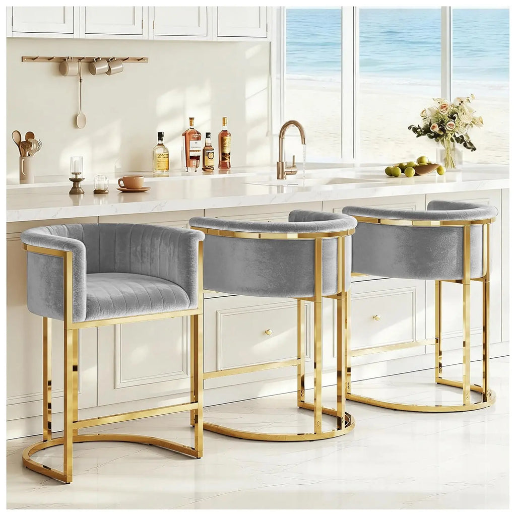 26" H Modern Velvet Barrel  Bar Stools Set of 3,