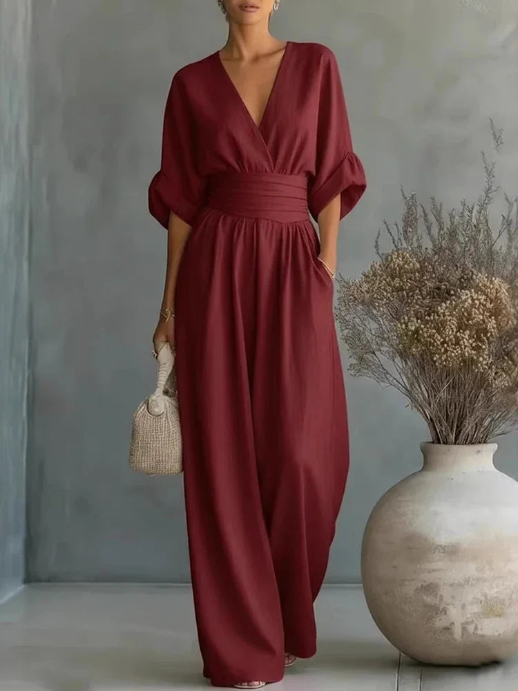 Elegant Linen V-Neck Jumpsuit