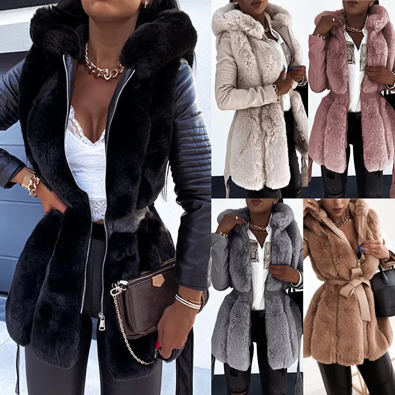 Hooded Faux Fur Coat with Belt