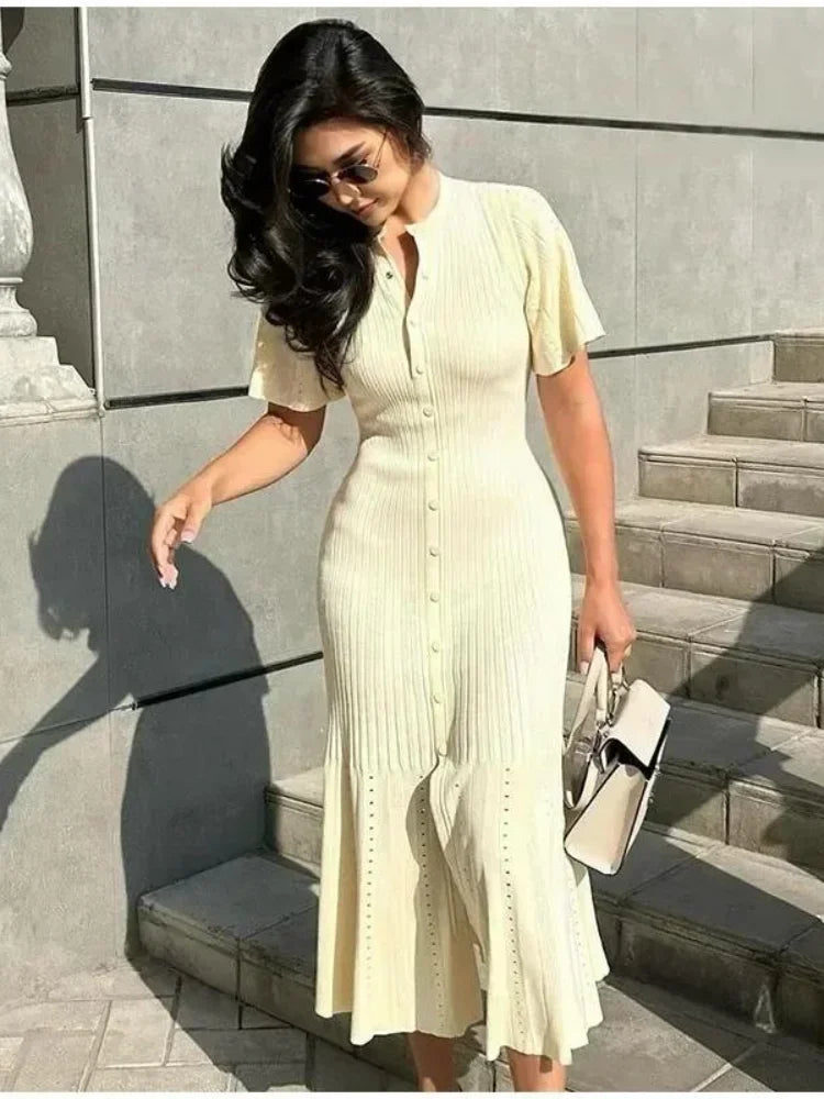 Elegant Knitted Dress Women Casual O Neck Solid Short Sleeved Button High Waist Split Dresses New Female Fashion
