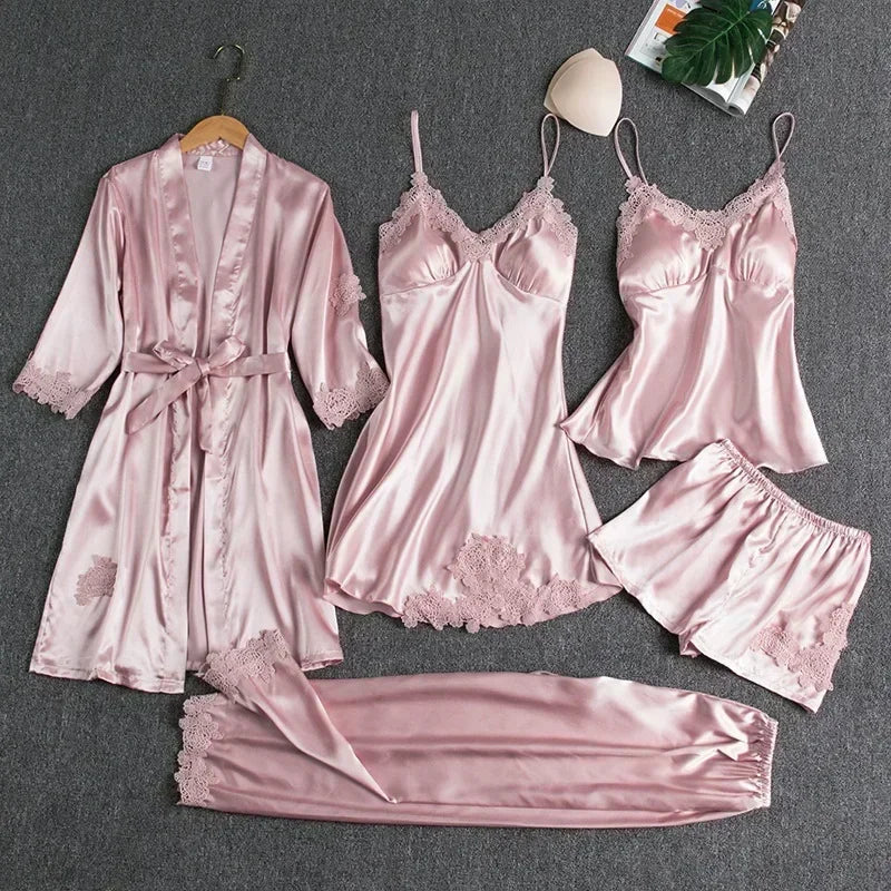 Silk Lace Nightgown Set - 5 Piece