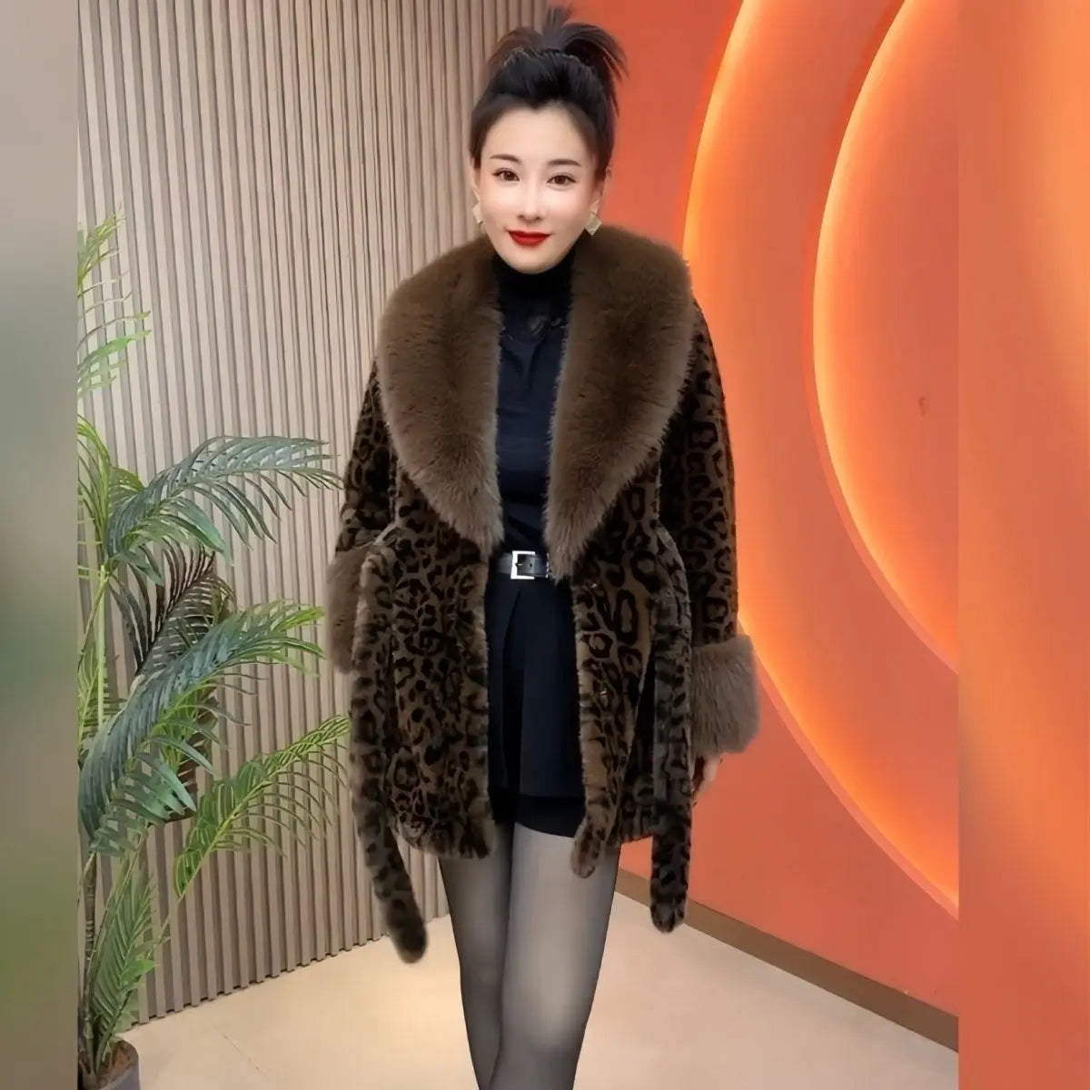 Leopard Print Fur Coat with Belt