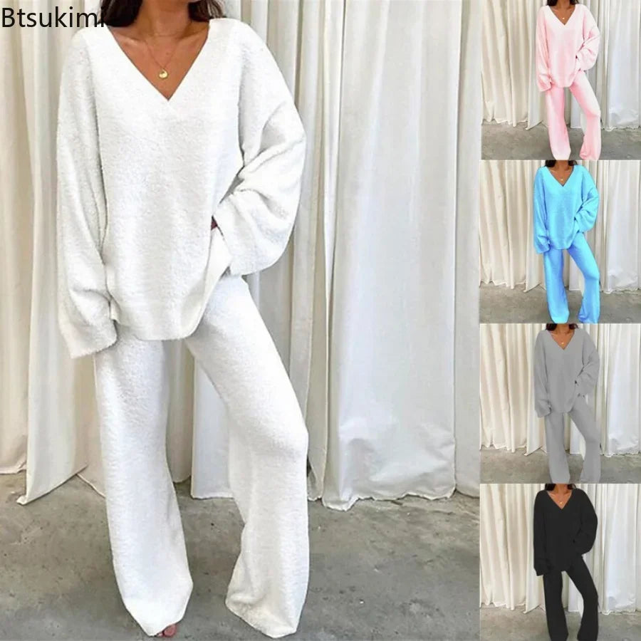 Solid V Neck Pajama Set
