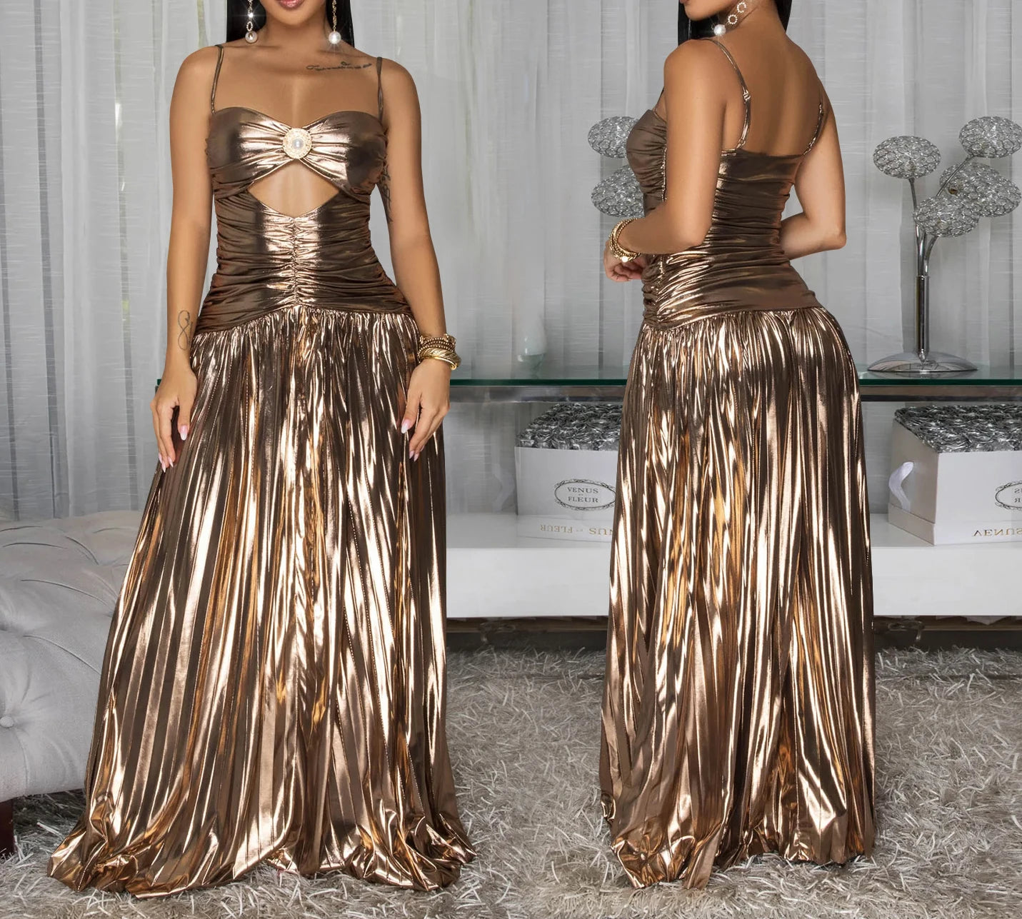 Sequin Spaghetti Strap Gown