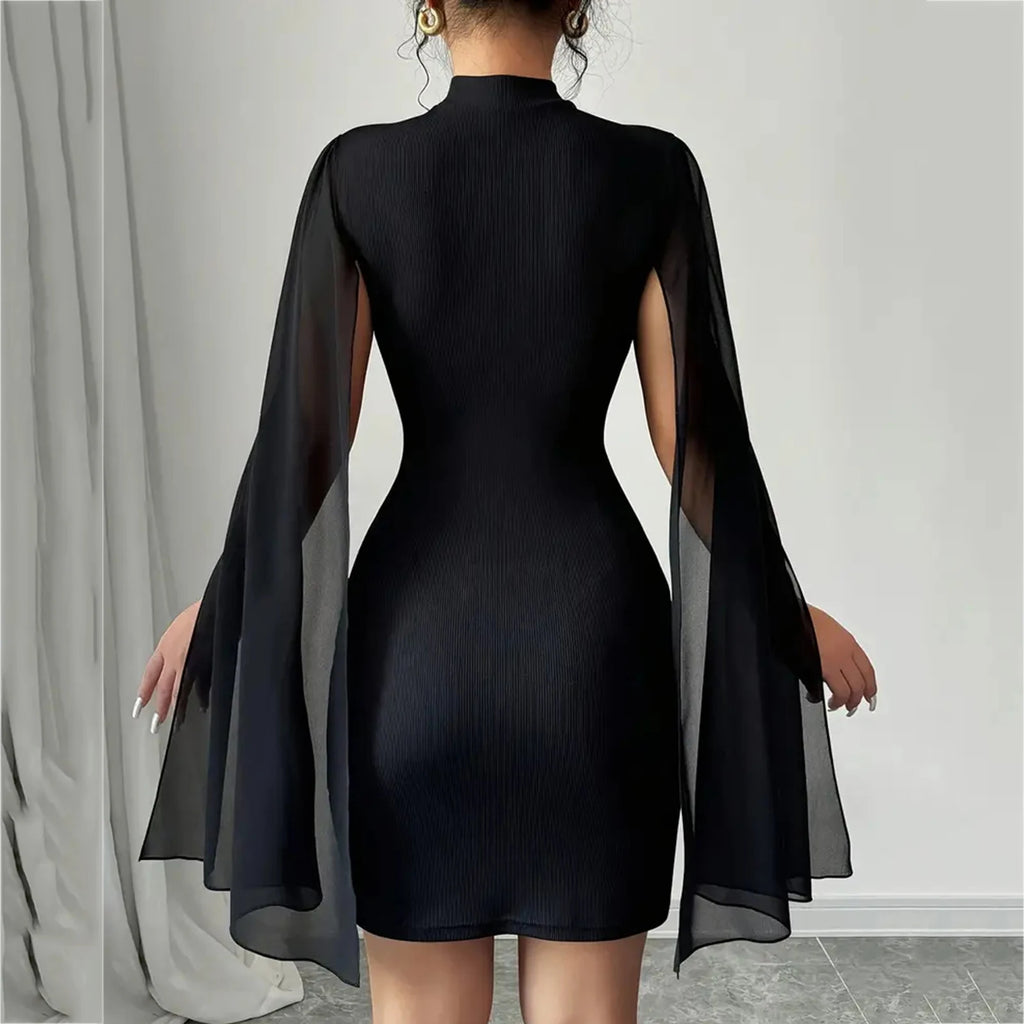 Black Ribbed Cape Dress