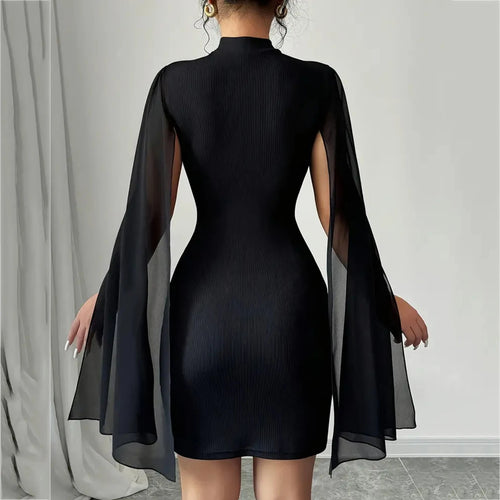 Black Ribbed Cape Dress