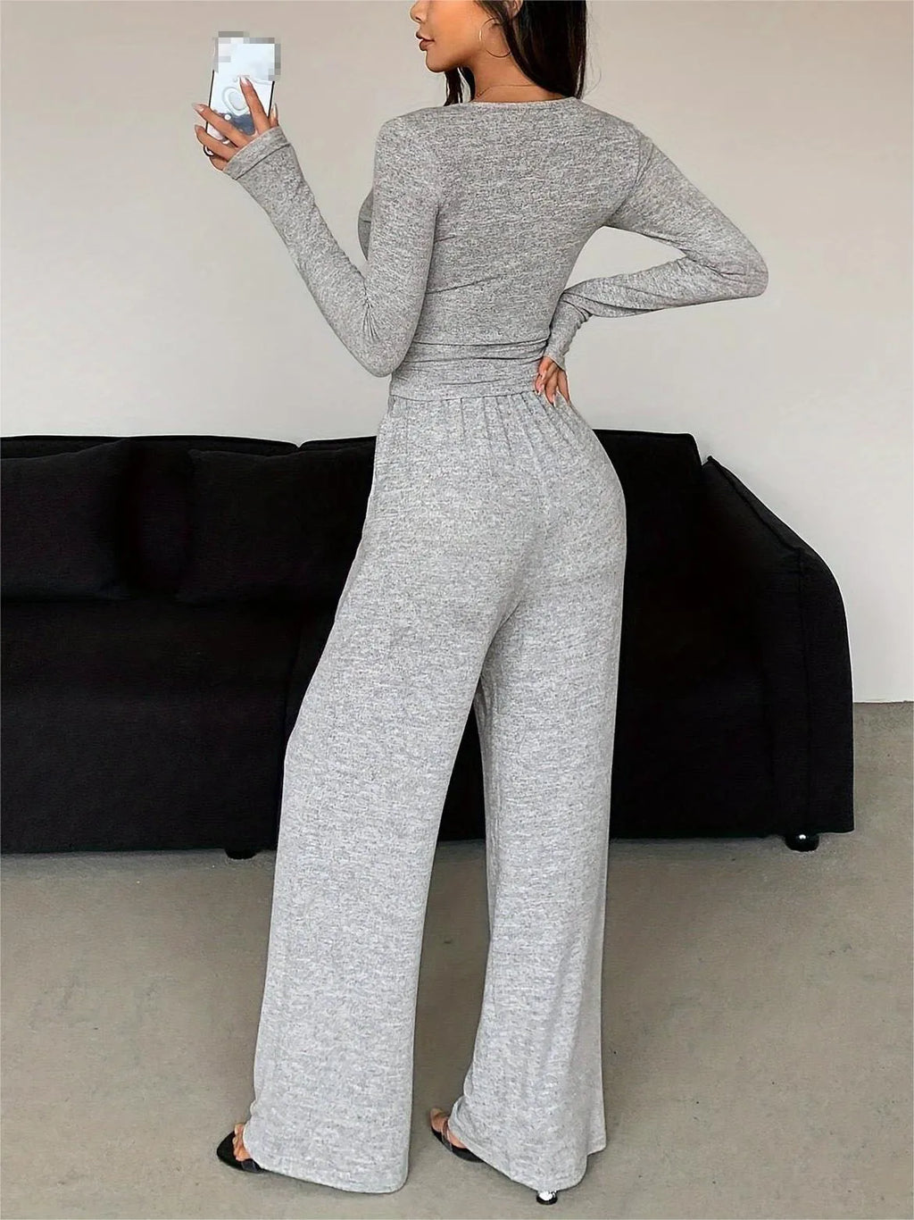 Women's Two-piece Fashion Spring/summer Button Solid Color Long-sleeved Top Drawstring Pocket Wide-leg Pants Women Casual Suit