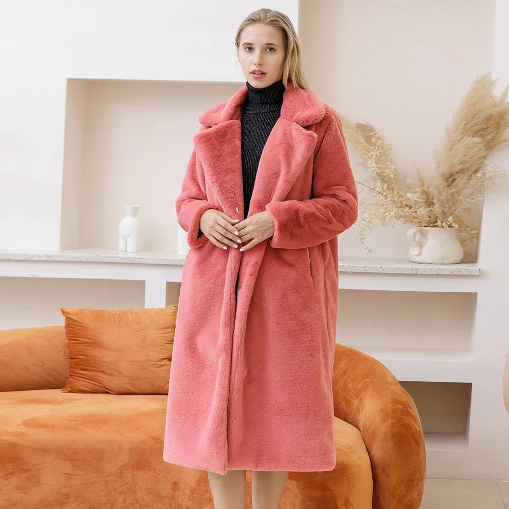 Elegant Long Faux Fur Overcoat