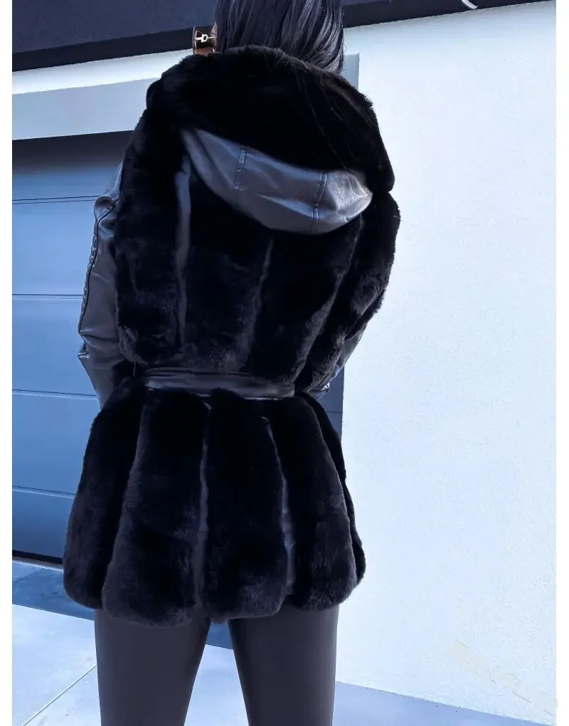 Hooded Faux Fur Coat with Belt