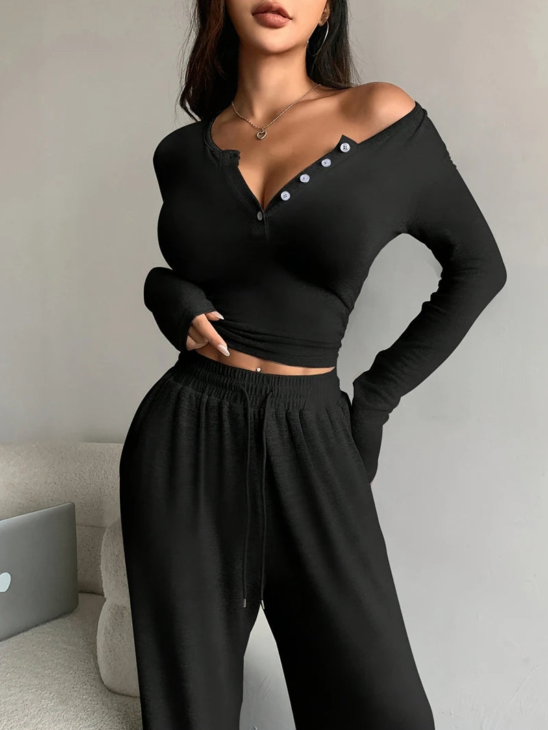 V-Neck Button Pajama Set