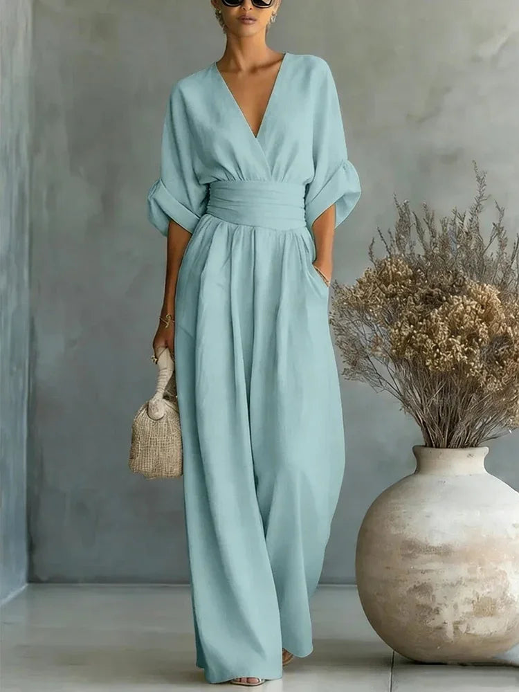 Elegant Linen V-Neck Jumpsuit