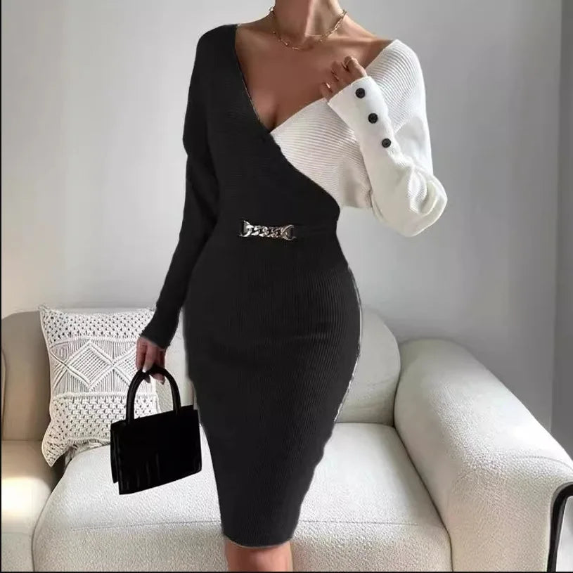 V-Neck Patchwork Knit Jumpsuit