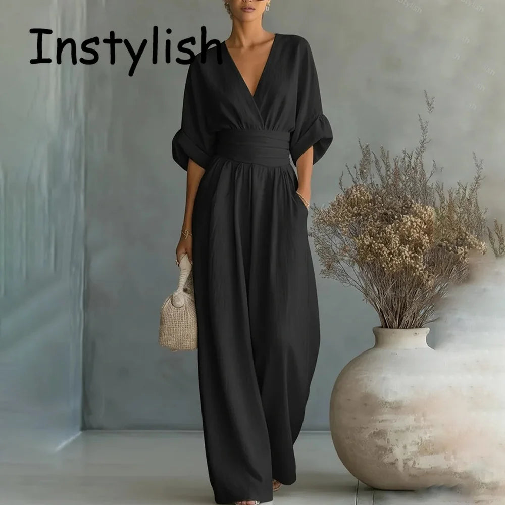 Elegant Linen V-Neck Jumpsuit