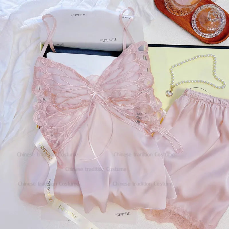 Satin Butterfly Lace Pajama Set