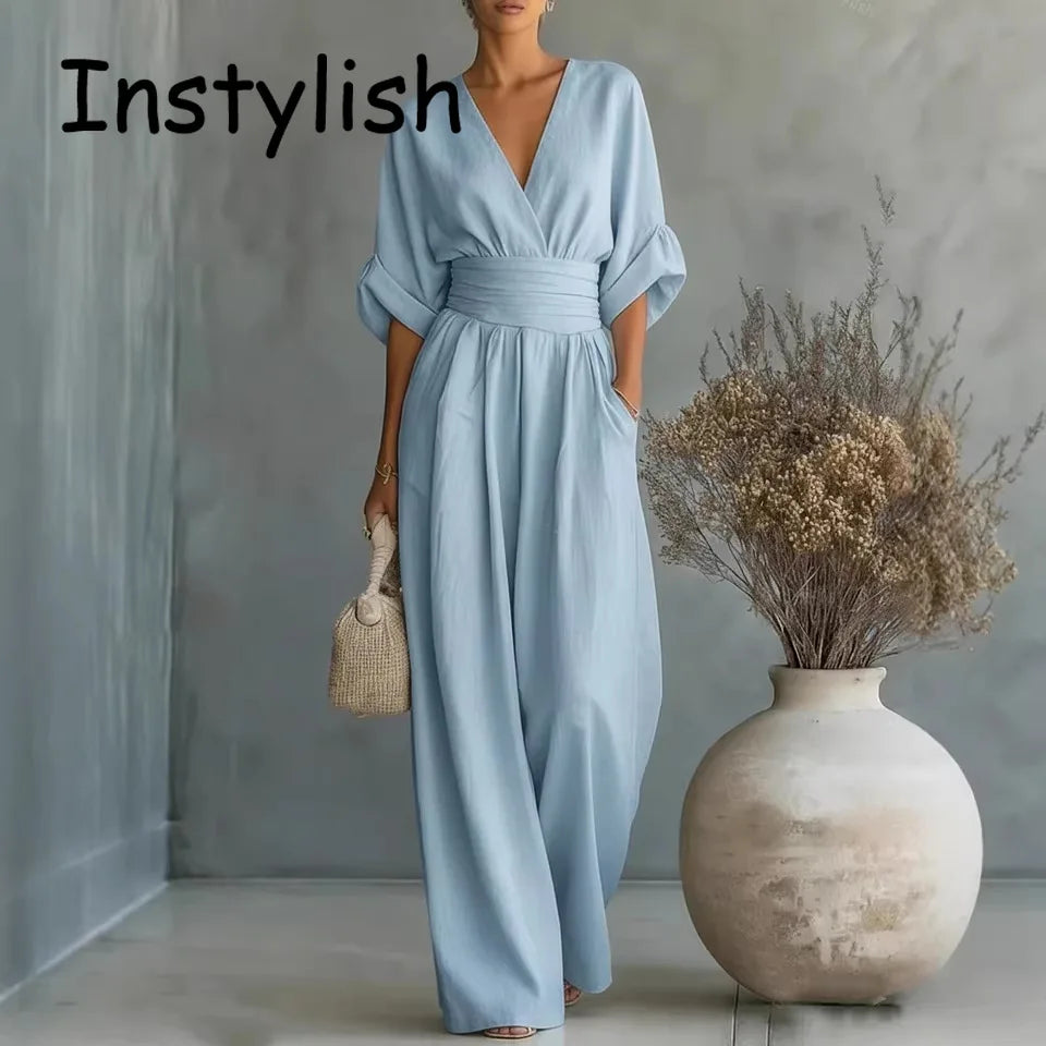 Elegant Linen V-Neck Jumpsuit