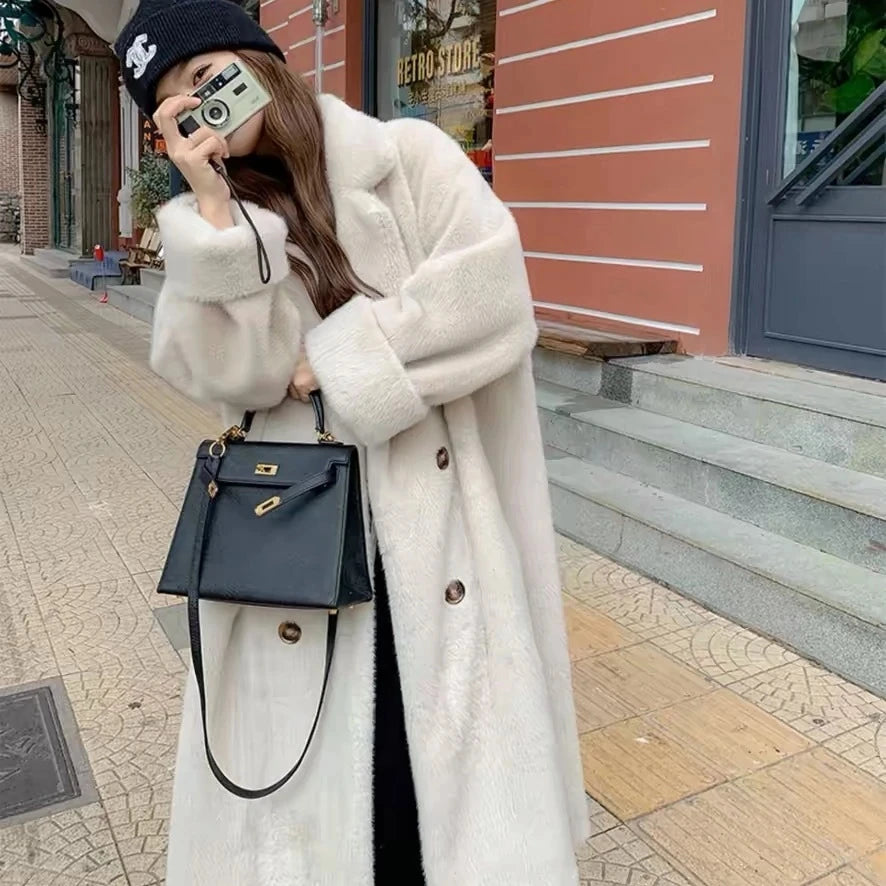 Double-Breasted Faux Rabbit Fur Coat