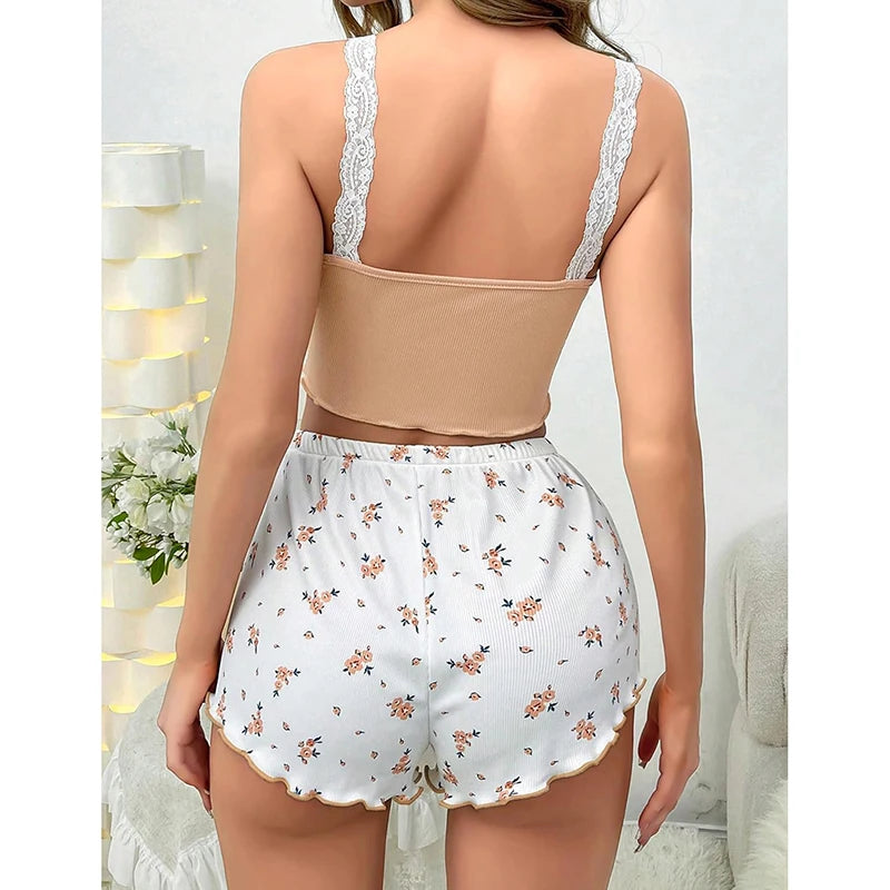 Women Pajama Set Lace Patchwork V-Neck Sleepwear Sexy Nighties Suit Camisole Top Printed Shorts Soft Pyjamas Loungewear