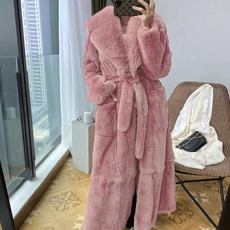 Lace-Up Faux Fur Coat with Pockets