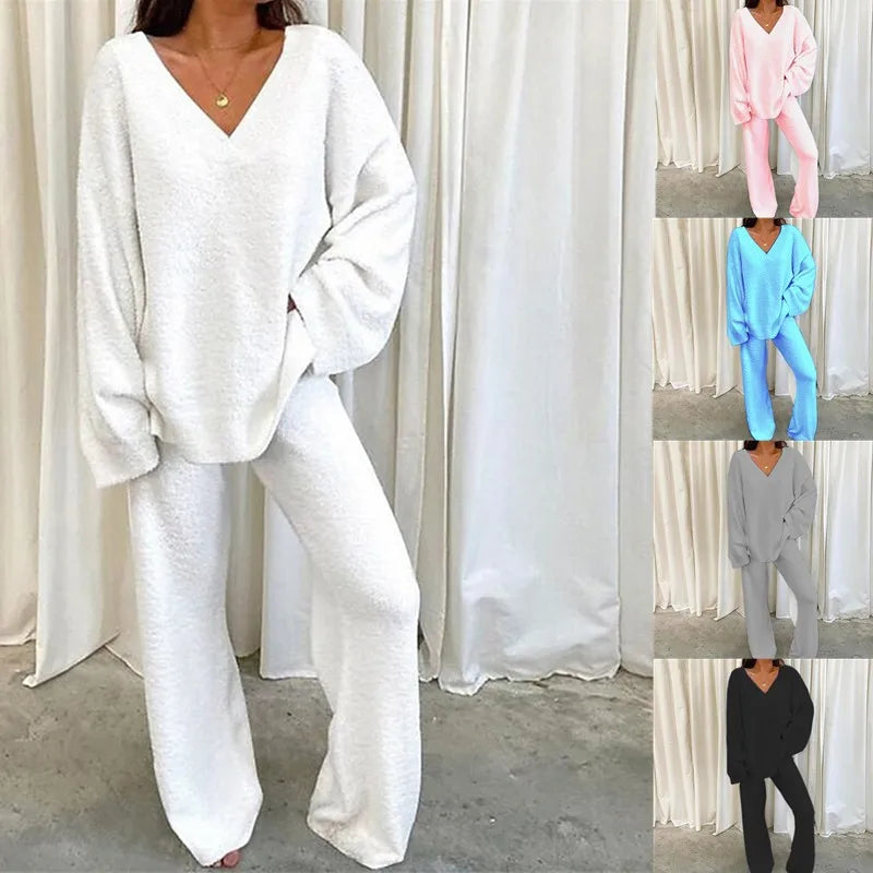 Solid V Neck Pajama Set
