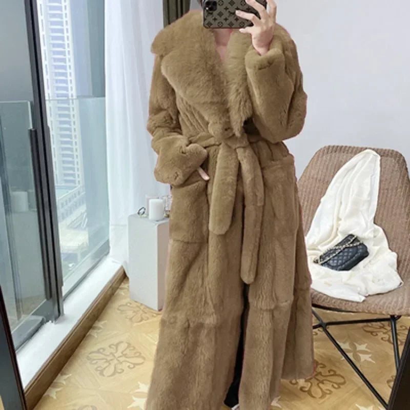 Lace-Up Faux Fur Coat with Pockets