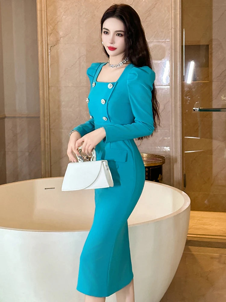 Blue Double-Breasted Dress