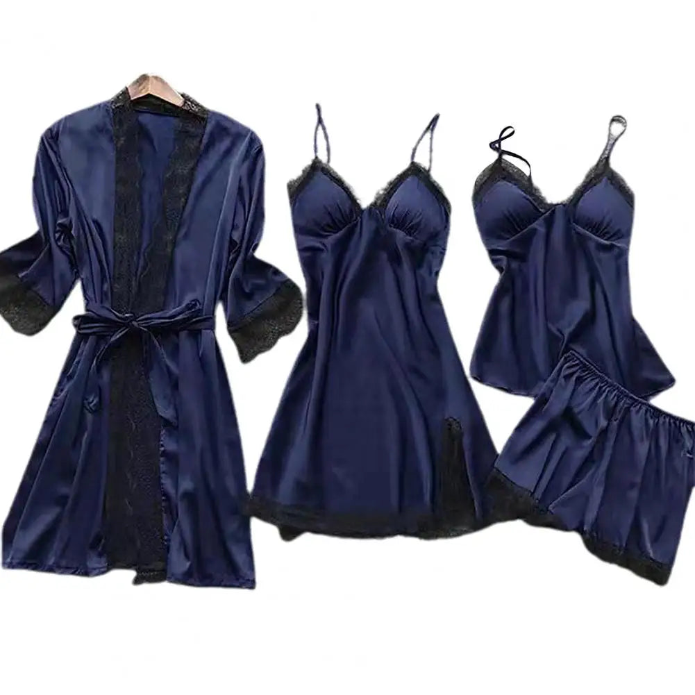 Satin & Lace Pajama Set - 4 Piece