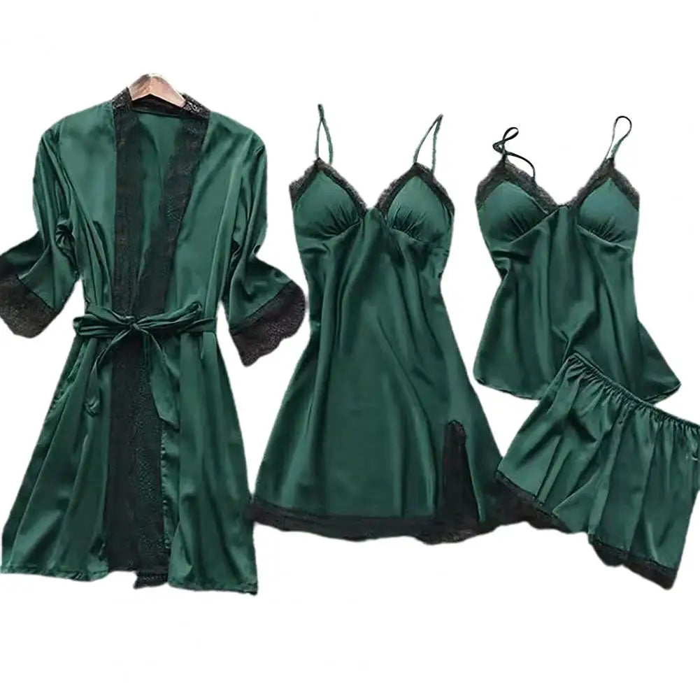 Satin & Lace Pajama Set - 4 Piece