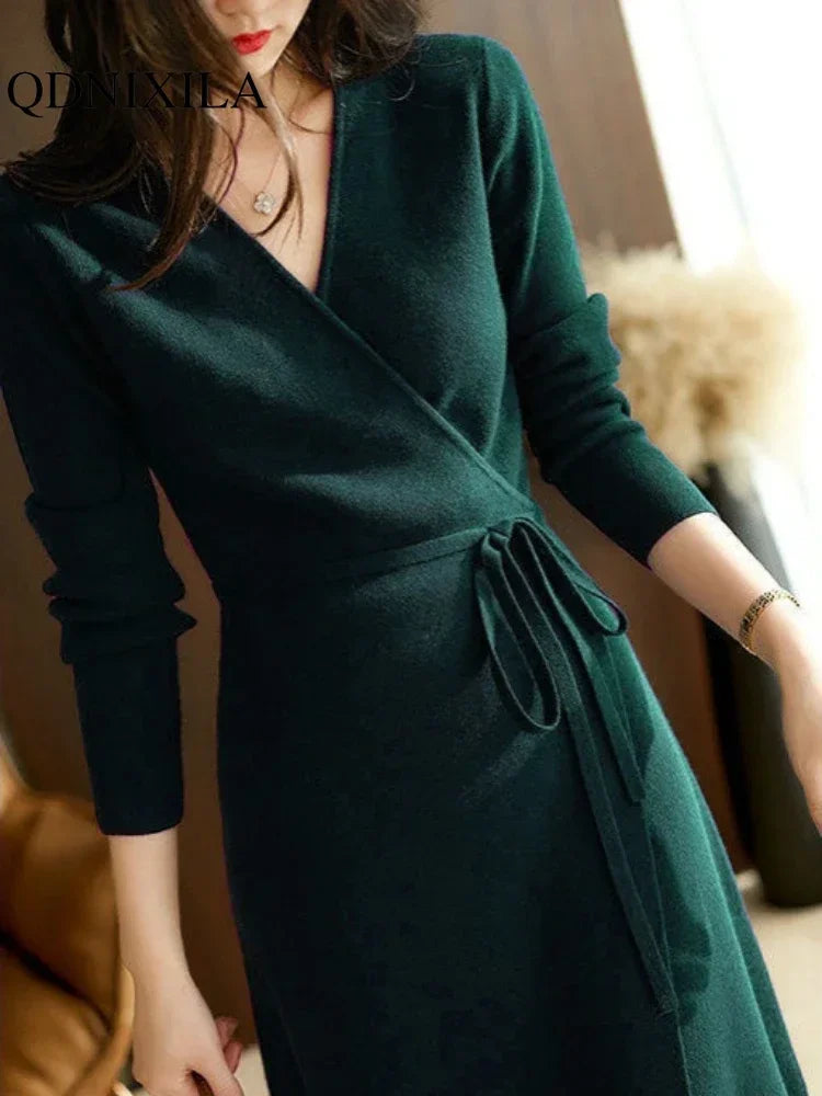 V-Neck Wrap Knit Dress