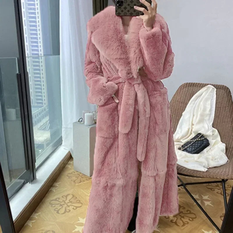 Lace-Up Faux Fur Coat with Pockets